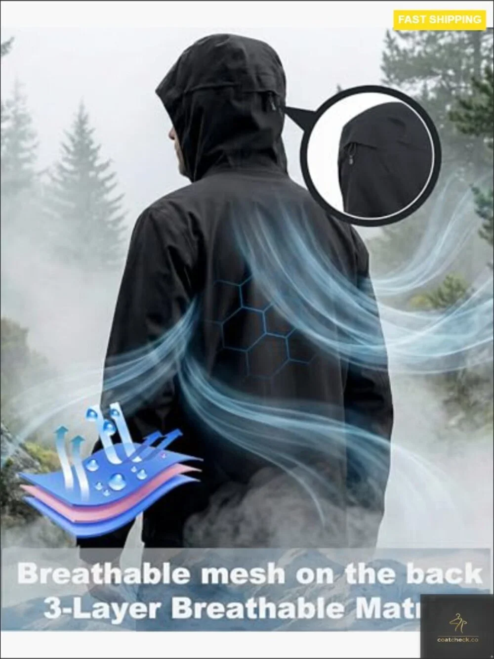Men's Hardshell Rain Jacket Waterproof Breathable Hiking Windbreaker PFAS-Free